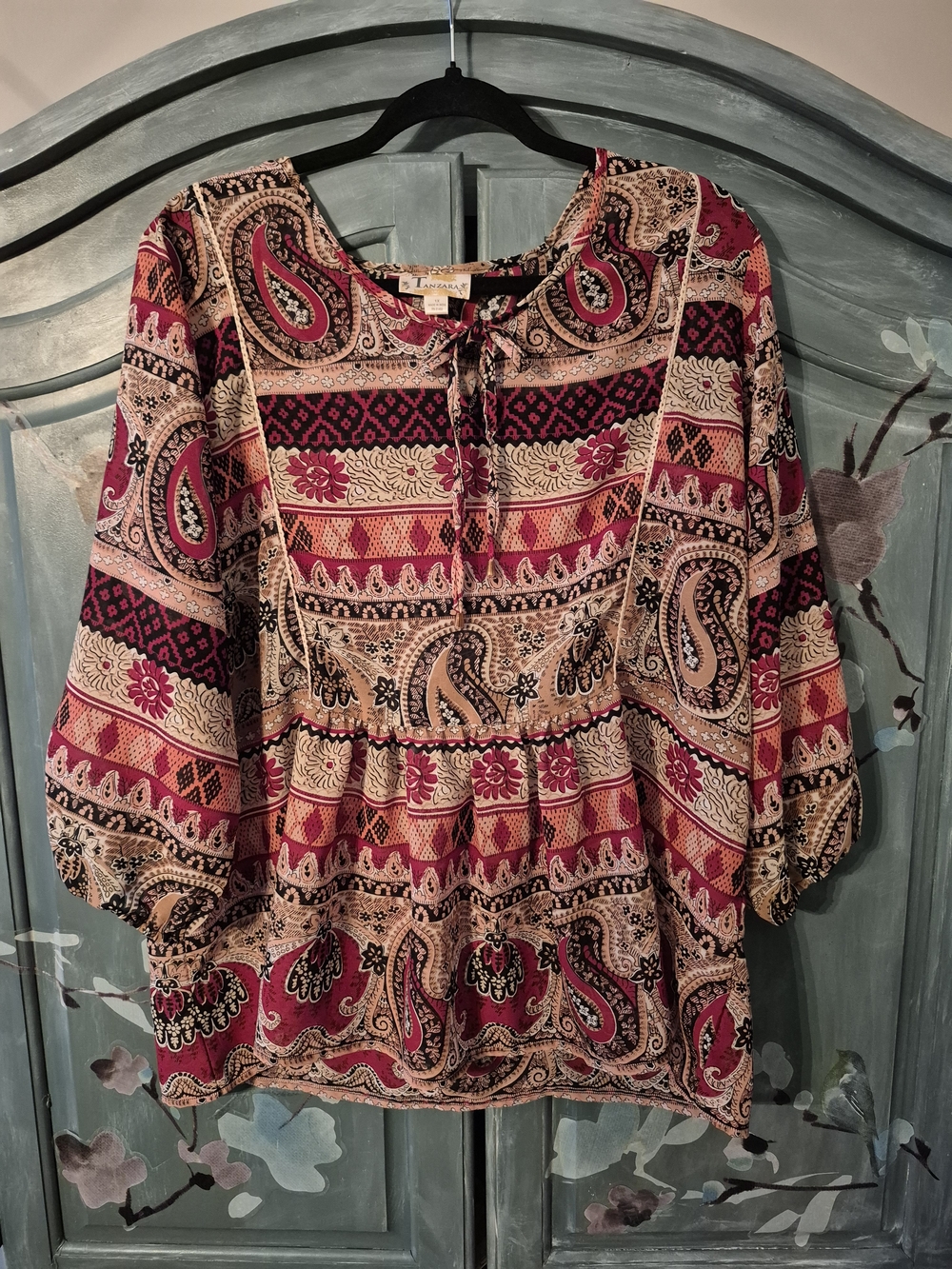 TANZARA Boho Paisley Tie-Neck Peasant Blouse - Red & Cream